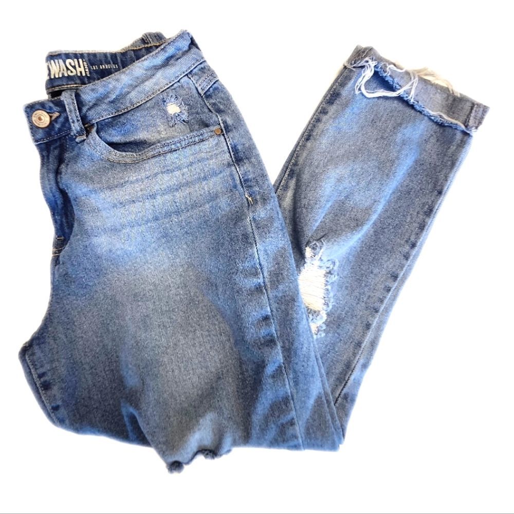 Rewash Super High Rise Mom Jeans, Distressed, Cuffed, Light Blue 5/27
